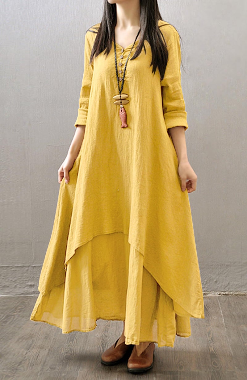 R.Vivimos Women Long Sleeve Cotton Casual Loose Plus Size Irregular Long Dresses (Large, Yellow) - Image 3